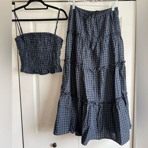 Gingham Tiered Maxi Skirt & Ruched top in Navy/Black